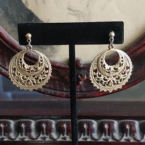 Vintage Filigree Goldtone Double Circle Pierced Earrings